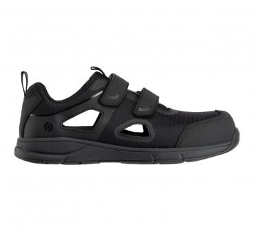 This is a black sports shoe with two Velcro fastenings. The upper part of the shoe is made from a lightweight material with mesh-like inserts that are visible on the sides.