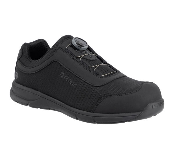 The shoe is black and has a sporty design. The surface is made of stretchable material with a texture. It has a lacing with a twist lock and a non-slip sole.