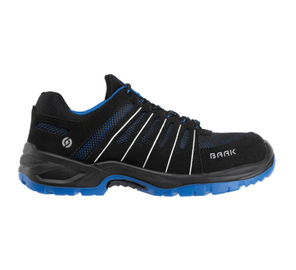 The shoe is a sporty sneaker in black with blue accents. It has a shiny, textured surface, a sturdy sole, and a padded trim for comfort.