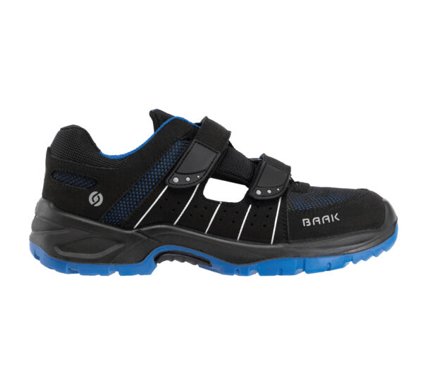 The shoe is black with blue and white accents. It has two wide Velcro straps and a breathable upper. The sole is sturdy and lightly textured.