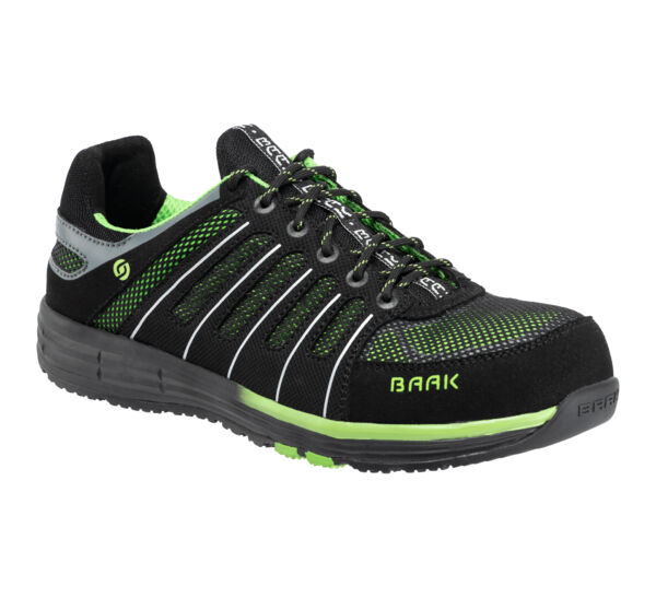 The shoe is black with green accents and white stripes. It has a flexible rubber sole, laces, and a sporty, breathable upper. Ideal for active use.