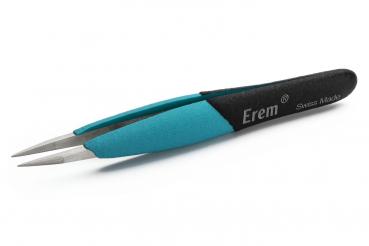 The image shows a sharp, narrow tweezer with a black handle and blue elastic covers. The handle has a soft, non-slip texture. The tips are fine and precise.