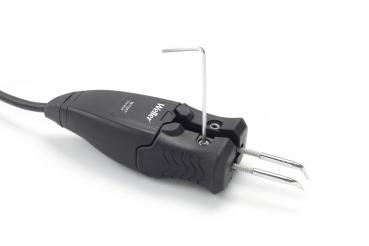 The image shows a black, handy tool with two metal tips and a cable. At the top, there is a lever and a small Allen wrench. It has an ergonomic shape.