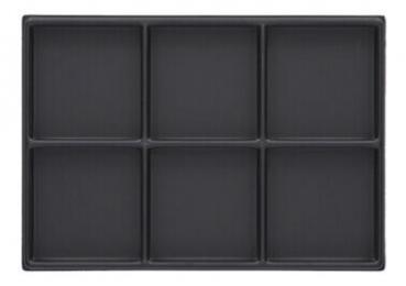 The image displays a rectangular, black tray with six square compartments. The compartments are evenly arranged and provide space for various dishes.