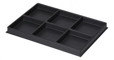 The image displays a rectangular, flat tray made of black plastic. It has six equally sized compartments separated by dividers. Ideal for organizing small items.