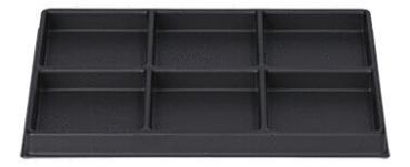 The image displays a flat, rectangular tray with eight equally sized compartments. It is black and features a slightly textured surface. Ideal for organizing small items.