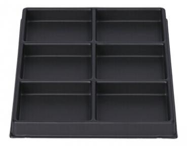 The image shows a square, black tray with six equally-sized, rectangular compartments. Each compartment has a uniform and flat design. It is practical for serving or storing food.