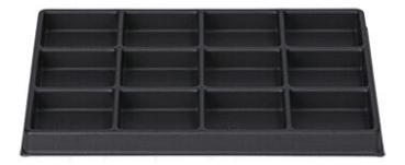 The image displays a black storage unit with multiple rectangular compartments. It features a total of 16 even compartments, arranged uniformly.