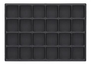 The image shows a rectangular, black baking pan with 24 equal-sized, square indentations arranged in a 4x6 grid. It is smooth and has a narrow rim.