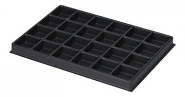 The image shows a rectangular, black plastic tray with many small compartments. The compartments are evenly arranged and provide space for various items.