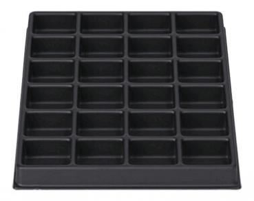 The image shows a black plastic plate with 24 rectangular indentations. The indentations are arranged in four rows and six columns. The edges are straight and sharp.