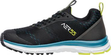 The shoe is sporty, in black with blue and green accents. It has a durable surface, a padded sole, and front lacing. Ideal for outdoor activities.