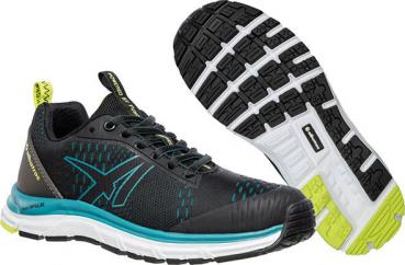 The image shows a black sports shoe with teal accents. The shoe has a flexible, textured sole and a cushioned insole that provides comfort and support.