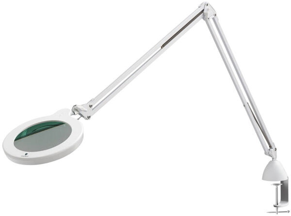 The image shows a clamp magnifier with a long, adjustable arm. The magnifier has a large, round glass area, which is surrounded by a white border. It is sturdy and practical for detailed work.