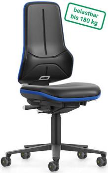 The office chair has a black upholstery with blue accents. It features a high backrest and a wide seat, as well as five casters for mobility. Load capacity up to 180 kg.