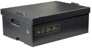 This is a rectangular, black cardboard storage box. The box has a smooth surface, two handle openings on the short sides, and a simple, functional design.