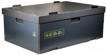 The box is rectangular, made of black cardboard with a smooth surface. It has a flat top and side handle openings. On the front, there are some symbols and labels in yellow.