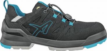 The shoe is laceless and features a modern, sporty design. It is primarily black with blue accents and a grippy, light gray sole. Ideal for active leisure.