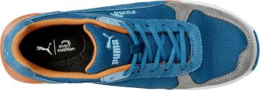 The shoe is sporty and primarily blue on the upper part with gray and orange accents. It has lacing and a breathable material. The sole is grippy.