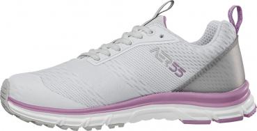 The shoe is a running shoe in white with purple accents. It features a breathable upper, flat laces, and a comfortable, cushioned sole for optimal wearing comfort.