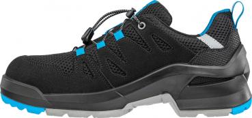 The shoe is low-cut and sporty, primarily black with blue accents. It has a textured surface and a sturdy, grippy sole for good traction.