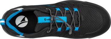 The image shows a black sports shoe with blue accents. It has decorative lacing and a breathable surface. The insole is visible and the shape of the shoe is sporty.