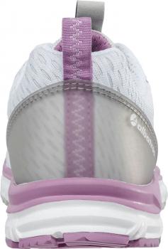 The image shows the rear view of a sports shoe. It is predominantly white with gray and purple details. The sole is thick and has a slight elevation towards the heel area.