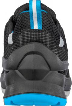 The image shows the back of a black sports shoe with blue and white accents. The sole is wide and stable, the upper features breathable mesh material.