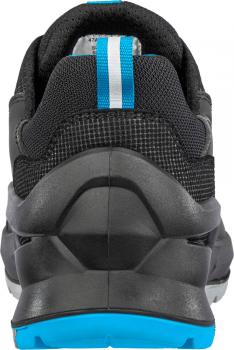 The image shows the rear view of a sporty shoe. It is predominantly black with a blue accent on the sole. The surface has textured material and a reinforced heel.