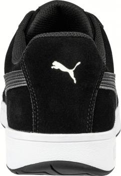 The image shows the back of a black athletic shoe. The shoe has a simple design with a white sole and a white Puma logo in the shape of a leaping puma.