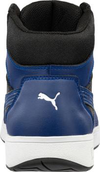 The shoe is a sporty sneaker with a blue and black color scheme. It has a high top, padded front and back, and a white sole. The Puma logo is visible.