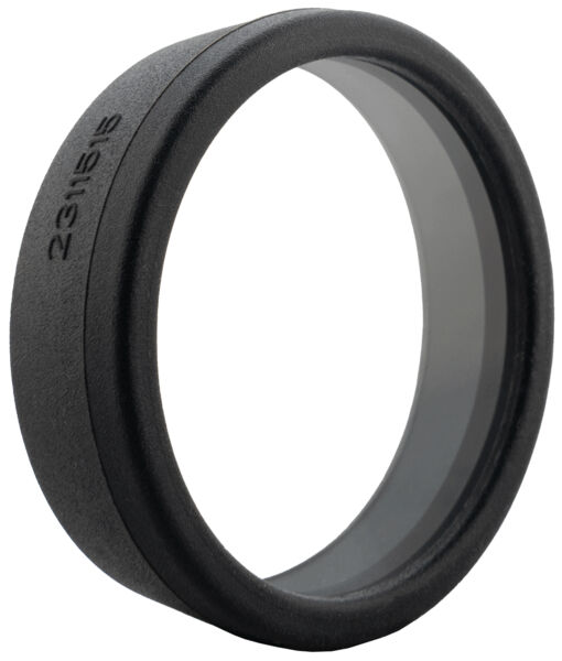 The image shows a black, round ring made of matte material with a transparent inner surface. Numbers are embossed on the outer side. The ring appears sturdy and simple.