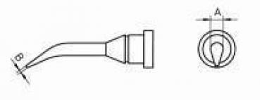 The image displays a sketched nozzle. On the left is the side view with a curved end, on the right the top view showing an oval opening. Dimensions are provided.