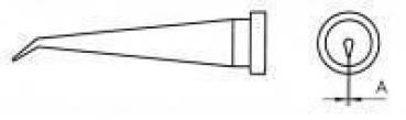 The image shows a schematic representation of a narrow, straight object with a slightly curved tip on the left side. On the right is a circular cross-section with a central line.