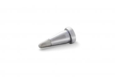 The image shows a conical, metallic object with a pointed shape. The surface shines silver, while the tip has a matte, gray color.