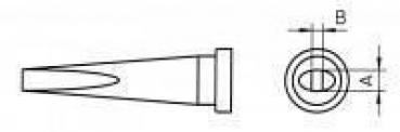 The image displays a technical drawing of a conical part with dimensions labeled A and B. The top view reveals an oval opening.