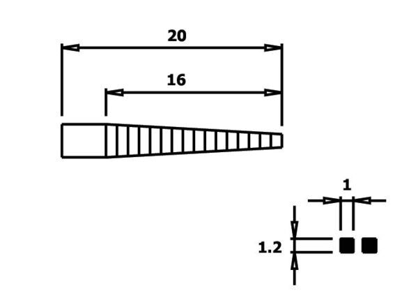 The image shows a technical drawing of a conical object with dimensions. At the top, there are two horizontal lines with lengths of 20 and 16. Below, details on additional dimensions are provided.