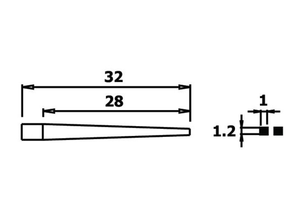 Das Bild zeigt eine technische Zeichnung eines konischen Objekts. Es hat eine Länge von 32 mm, Breite von 28 mm und eine Spitze von 1 mm Dicke. Zusätzliche Maße sind ebenfalls angegeben.