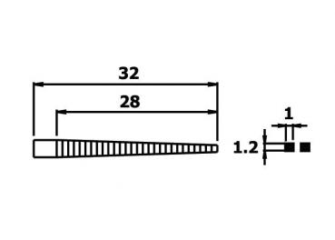 Das Bild zeigt eine technische Zeichnung eines Bauteils mit einer länglichen Form, die an einem Ende schmaler wird. Maße sind angegeben: 32 mm und 28 mm Länge, 1,2 mm Dicke.