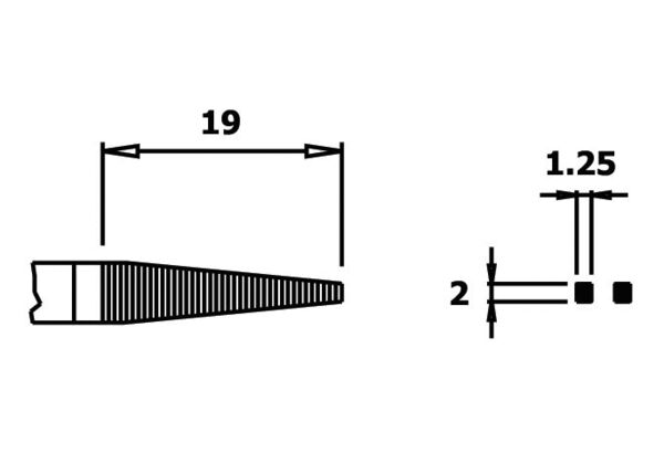 The image displays a technical sketch of a conical object with two dimensions. On the left is an elongated cone with a base of 19 and a length that tapers. On the right, additional measurements of 1.25 and 2 are indicated.