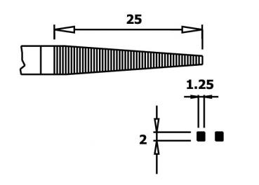 Das Bild zeigt eine technische Zeichnung eines konischen Objekts. Es hat eine Länge von 25, mit einer schmalen Spitze und rillenförmigen Strukturen. Beschriftungen geben Maße an.