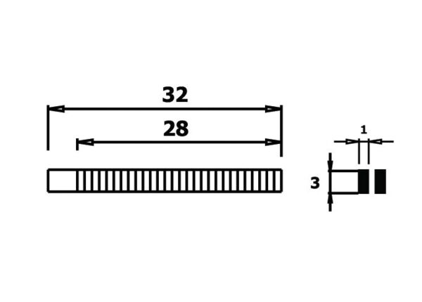 Das Bild zeigt eine technische Zeichnung eines Rechtecks mit den Maßen 32 mm und 28 mm. An einer Seite sind zusätzliche Maßen von 3 mm und 1 mm angegeben. Die Linie ist mit feinen Strichmarkierungen versehen.