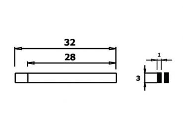 Das Bild zeigt eine technische Zeichnung. Oben sind zwei Längenmaße (32 und 28 mm). Rechts ist eine Seitenansicht mit einer Dicke von 3 mm und weiteren Maßen (1 mm).