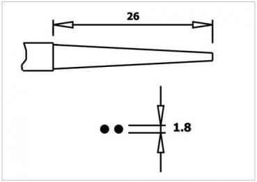 The image shows a technical drawing of a cone-shaped object, which is 26 mm long from one side. Below are two points and a length of 1.8 mm depicted.