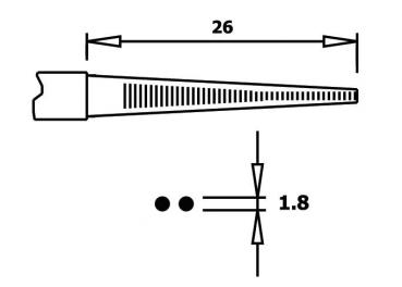 Das Bild zeigt eine technische Zeichnung eines konischen Objekts. Oben sind zwei Maße angegeben: 26 Einheiten und 1,8 Einheiten. Das Objekt hat eine gerade Kante und schmale, parallel verlaufende Rillen.