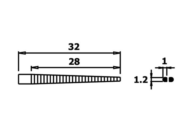 Das Bild zeigt eine technische Zeichnung eines Objekts. Es hat eine Länge von 32 mm und eine Breite von 28 mm. An einem Ende wird es schmaler mit markierten Abmessungen von 1 mm und 1,2 mm.