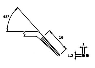 The image displays a technical drawing of a tool with a 45° angle, a length of 16 units, and various dimensions. The handle is narrow and features a ridged structure.