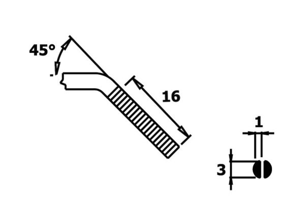 The image displays a technical drawing of a tool or component. It features a slanted edge at 45°, a grooved surface, and dimensions of 16 and 3 units. To the right, there is a small detailed view.