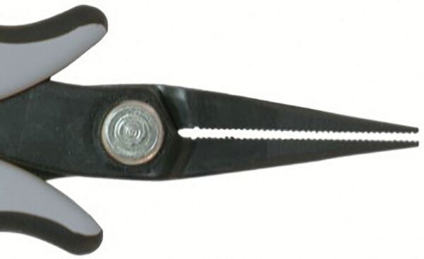 The image shows scissors with black blades and a gray handle. The blades are narrow and serrated at the tip, making them suitable for various cutting tasks.