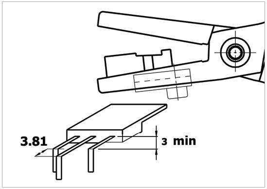 The image shows a technical drawing of a tool with two handles attached to an electrical component with three contacts. Dimensions are provided: 3.81 and 3 min.